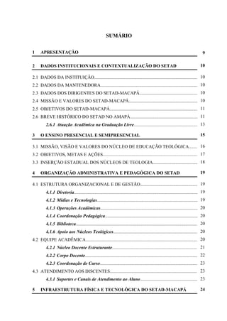 5
SUMÁRIO
1 APRESENTAÇÃO
2 DADOS INSTITUCIONAIS E CONTEXTUALIZAÇÃO DO SETAD
2.1 DADOS DA INSTITUIÇÃO............................................................................................
2.2 DADOS DA MANTENEDORA........................................................................................
2.3 DADOS DOS DIRIGENTES DO SETAD-MACAPÁ.......................................................
2.4 MISSÃO E VALORES DO SETAD-MACAPÁ................................................................
2.5 OBJETIVOS DO SETAD-MACAPÁ................................................................................
2.6 BREVE HISTÓRICO DO SETAD NO AMAPÁ.............................................................
2.6.1 Atuação Acadêmica na Graduação Livre..........................................................
3 O ENSINO PRESENCIAL E SEMIPRESENCIAL
3.1 MISSÃO, VISÃO E VALORES DO NÚCLEO DE EDUCAÇÃO TEOLÓGICA............
3.2 OBJETIVOS, METAS E AÇÕES.......................................................................................
3.3 INSERÇÃO ESTADUAL DOS NÚCLEOS DE TEOLOGIA...........................................
4 ORGANIZAÇÃO ADMINISTRATIVA E PEDAGÓGICA DO SETAD
4.1 ESTRUTURA ORGANIZACIONAL E DE GESTÃO....................................................
4.1.1 Diretoria...............................................................................................................
4.1.2 Mídias e Tecnologias..........................................................................................
4.1.3 Operações Acadêmicas.......................................................................................
4.1.4 Coordenação Pedagógica.....................................................................................
4.1.5 Biblioteca.............................................................................................................
4.1.6 Apoio aos Núcleos Teológicos.............................................................................
4.2 EQUIPE ACADÊMICA.....................................................................................................
4.2.1 Núcleo Docente Estruturante...............................................................................
4.2.2 Corpo Docente.....................................................................................................
4.2.3 Coordenação de Curso........................................................................................
4.3 ATENDIMENTO AOS DISCENTES...............................................................................
4.3.1 Suportes e Canais de Atendimento ao Aluno.....................................................
5 INFRAESTRUTURA FÍSICA E TECNOLÓGICA DO SETAD-MACAPÁ
9
10
10
10
10
10
11
11
13
15
16
17
18
19
19
19
19
20
20
20
20
20
21
22
23
23
23
24
 