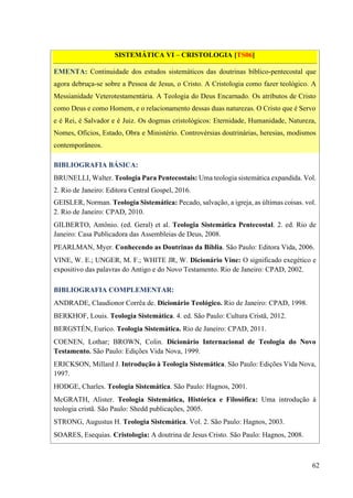 62
SISTEMÁTICA VI – CRISTOLOGIA [TS06]
EMENTA: Continuidade dos estudos sistemáticos das doutrinas bíblico-pentecostal que
agora debruça-se sobre a Pessoa de Jesus, o Cristo. A Cristologia como fazer teológico. A
Messianidade Veterotestamentária. A Teologia do Deus Encarnado. Os atributos de Cristo
como Deus e como Homem, e o relacionamento dessas duas naturezas. O Cristo que é Servo
e é Rei, é Salvador e é Juiz. Os dogmas cristológicos: Eternidade, Humanidade, Natureza,
Nomes, Ofícios, Estado, Obra e Ministério. Controvérsias doutrinárias, heresias, modismos
contemporâneos.
BIBLIOGRAFIA BÁSICA:
BRUNELLI, Walter. Teologia Para Pentecostais: Uma teologia sistemática expandida. Vol.
2. Rio de Janeiro: Editora Central Gospel, 2016.
GEISLER, Norman. Teologia Sistemática: Pecado, salvação, a igreja, as últimas coisas. vol.
2. Rio de Janeiro: CPAD, 2010.
GILBERTO, Antônio. (ed. Geral) et al. Teologia Sistemática Pentecostal. 2. ed. Rio de
Janeiro: Casa Publicadora das Assembleias de Deus, 2008.
PEARLMAN, Myer. Conhecendo as Doutrinas da Bíblia. São Paulo: Editora Vida, 2006.
VINE, W. E.; UNGER, M. F.; WHITE JR, W. Dicionário Vine: O significado exegético e
expositivo das palavras do Antigo e do Novo Testamento. Rio de Janeiro: CPAD, 2002.
BIBLIOGRAFIA COMPLEMENTAR:
ANDRADE, Claudionor Corrêa de. Dicionário Teológico. Rio de Janeiro: CPAD, 1998.
BERKHOF, Louis. Teologia Sistemática. 4. ed. São Paulo: Cultura Cristã, 2012.
BERGSTÉN, Eurico. Teologia Sistemática. Rio de Janeiro: CPAD, 2011.
COENEN, Lothar; BROWN, Colin. Dicionário Internacional de Teologia do Novo
Testamento. São Paulo: Edições Vida Nova, 1999.
ERICKSON, Millard J. Introdução à Teologia Sistemática. São Paulo: Edições Vida Nova,
1997.
HODGE, Charles. Teologia Sistemática. São Paulo: Hagnos, 2001.
McGRATH, Alister. Teologia Sistemática, Histórica e Filosófica: Uma introdução à
teologia cristã. São Paulo: Shedd publicações, 2005.
STRONG, Augustus H. Teologia Sistemática. Vol. 2. São Paulo: Hagnos, 2003.
SOARES, Esequias. Cristologia: A doutrina de Jesus Cristo. São Paulo: Hagnos, 2008.
 
