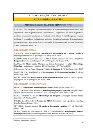 67
EIXO DE FORMAÇÃO TEÓRICO-PRÁTICA5
I. T E O L O G I A P R Á T I C A
METODOLOGIA DO TRABALHO CIENTÍFICO [TP01]
EMENTA: Essa disciplina engloba um conjunto de regras básicas para desenvolver uma
experiência a fim de produzir novo conhecimento. Compreensão das fases da produção
científica no ambiente acadêmico. A Teologia como ciência. A metodologia da pesquisa
teológica. A produção do conhecimento teológico. Correção e integração de conhecimentos
pré-existentes para a formação de texto adequados dentro das regras e Normas Técnicas da
ABNT e Nominata do SETAD.
BIBLIOGRAFIA BÁSICA:
ANDRADE, Maria Margarida de. Introdução à Metodologia do Trabalho Científico:
Elaboração de trabalhos na graduação. São Paulo: Atlas, 2010
BARROS, Aidil de Jesus Paes de; LEHFELD, Neide Aparecida de Souza. Projeto de
Pesquisa: Propostas metodológicas. 19ª ed. Petrópolis, RJ: Vozes, 2010.
CARVALHO, Maria Cecilia Marigoni de (org.). Construindo o saber: Metodologia
Cientifica - fundamentos e técnicas. 23ª ed. Campinas - SP: Papirus, 2010.
GIL, Antonio Carlos. Como Elaborar Projetos de Pesquisa. 4. Ed. São Paulo: Atlas, 2002.
LAKATOS, E. M.; MARCONI, M. A. Fundamentos de Metodologia Científica, 7. ed. São
Paulo: Atlas, 2010.
KÖCHE, José Carlos. Fundamentos de metodologia científica: teoria da ciência e prática
da pesquisa. 23ª ed. Petrópolis, RJ: Vozes, 2006.
BIBLIOGRAFIA COMPLEMENTAR:
FLICK, U. Introdução à Metodologia de Pesquisa. Porto Alegre: Penso, 2012.
OLIVEIRA Netto, Alvim Antônio de. Metodologia da pesquisa científica: guia prático para
apresentação de trabalhos acadêmicos. 2ª ed Florianópolis: visual books, 2008.
PÁDUA, Elisabete M. M. de. Metodologia da Pesquisa: Abordagem Teórico-Prática.
Campinas- SP: Papirus, 2004.
ROVER, A.; MELLO, R. O. Normas da ABNT: Orientações para a produção científica.
Joaçaba: Editora Unoesc, 2020.
SEVERINO, Antônio Joaquim. Metodologia do trabalho científico. 23ª. ed. São Paulo:
Cortez., 2007.
SILVA, Cláudio Nei Nascimento da.; PORTO, Marcelo Duarte. Metodologia Científica
Descomplicada: Prática científica para iniciantes. Brasília: Editora IFB, 2016.
5
Incluindo as Disciplinas Optativas
 