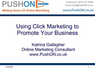 Using Click Marketing to Promote Your Business Katrina Gallagher Online Marketing Consultant www.PushON.co.uk PushON 