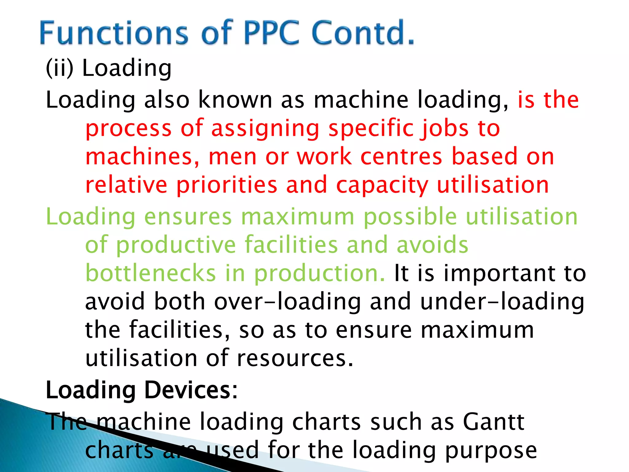 (ii) Loading
Loading also known as machine loading, is the
process of assigning specific jobs to
machines, men or work centres based on
relative priorities and capacity utilisation
Loading ensures maximum possible utilisation
of productive facilities and avoids
bottlenecks in production. It is important to
avoid both over-loading and under-loading
the facilities, so as to ensure maximum
utilisation of resources.
Loading Devices:
The machine loading charts such as Gantt
charts are used for the loading purpose
 