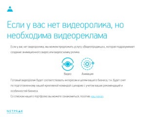 Если у вас нет видеоролика, но
необходима видеореклама
Если у вас нет видеоролика, мы можем предложить услугу «Видеопродакшн», которая подразумевает
создание анимационного видео или видеосъемку ролика.
Готовый видеоролик будет соответствовать интересам и целям вашего бизнеса, т.к. будет снят
по подготовленному нашей креативной командой сценарию с учетом ваших рекомендаций и
особенностей бизнеса.
Со списком нашего портфолио вы можете ознакомиться, посетив наш канал.
интернет-маркетинг для бизнеса
Видео Анимация
 