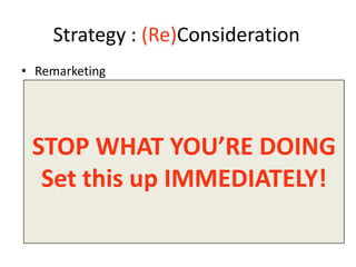 Strategy : (Re)Consideration
• Remarketing
  – Reengage your Website Visitors
     • 6 to 12 Impressions to be remembered
  – AKA: Stalking
  – DO THIS – If you want people to remember you and visit
 STOP WHAT YOU’RE DOING
    again
     • Good Examples: WarbyParker.com, Fab.com, Gilt.com
  Set this up IMMEDIATELY!
     • Graphics-based Ads (don’t bother with text)
     • Vertical Ads get more eyeball time
     • But do all of the sizes anyway
 