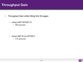 Throughput Gain


 •   Throughput Gain while hitting first 30 pages:

      – Using LIMIT OFFSET, N
          • 600 query/...