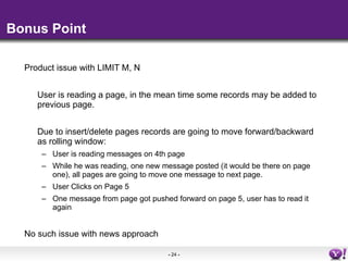 Bonus Point

  Product issue with LIMIT M, N


     User is reading a page, in the mean time some records may be added to
...