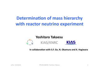 Determina)on	
  of	
  mass	
  hierarchy	
  	
  
with	
  reactor	
  neutrino	
  experiment	
  
Yoshitaro	
  Takaesu	
  	
  
KIAS/KNRC	
  	
  
arXiv:	
  1210.8141	
   1	
  
In	
  collabora)on	
  with	
  S.F.	
  Ge,	
  N.	
  Okamura	
  and	
  K.	
  Hagiwara	
  
PPC2012@KIAS	
  	
  Yoshitaro	
  Takaesu	
  
 