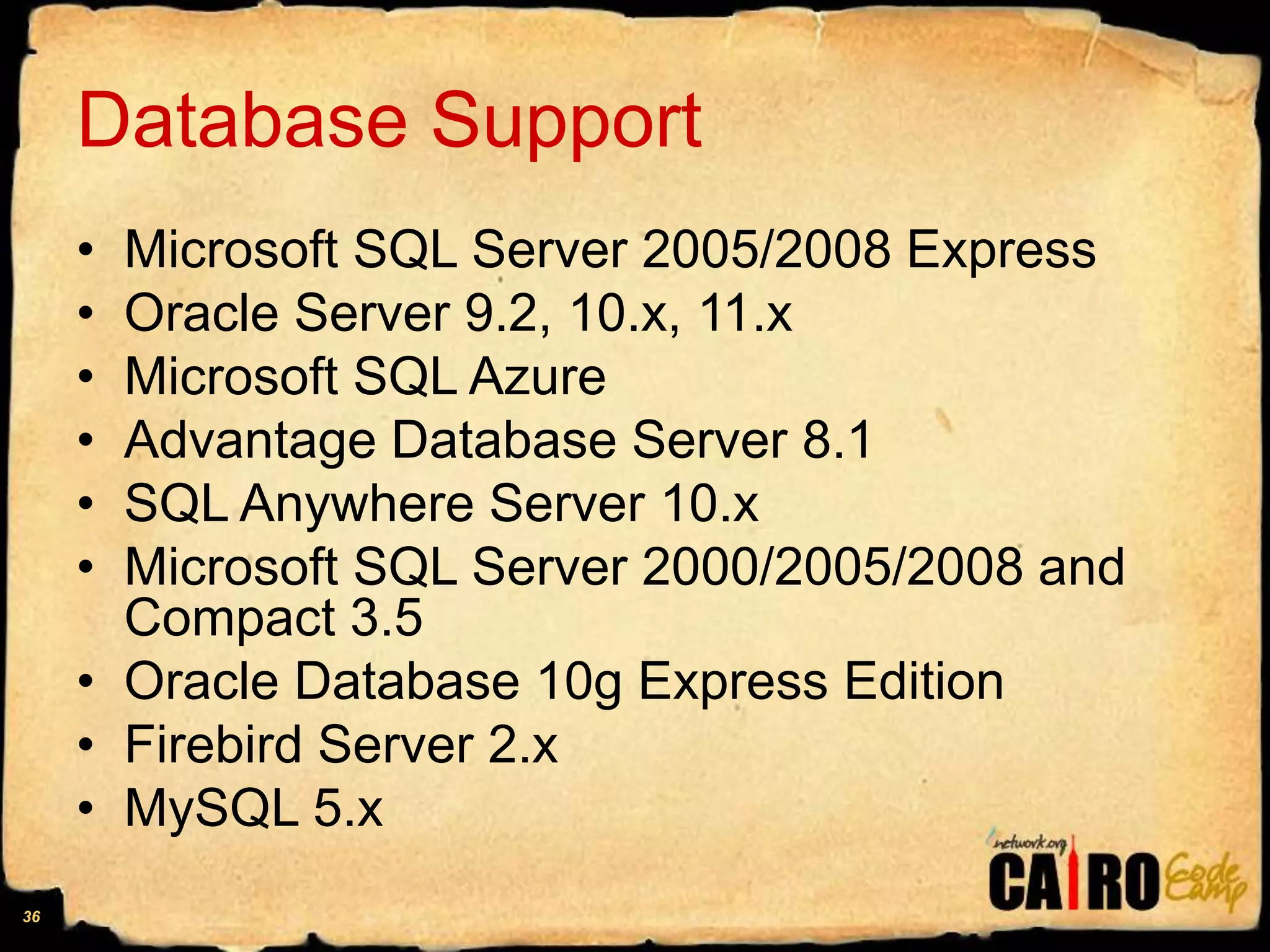 Database SupportMicrosoft SQL Server 2005/2008 ExpressOracle Server 9.2, 10.x, 11.x Microsoft SQL Azure Advantage Database Server 8.1 SQL Anywhere Server 10.x Microsoft SQL Server 2000/2005/2008 and Compact 3.5Oracle Database 10g Express Edition Firebird Server 2.x MySQL 5.x 36
