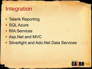 IntegrationTelerik Reporting SQL AzureRIA ServicesAsp.Net and MVCSilverlight and Ado.Net Data Services34