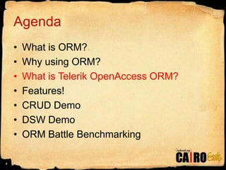 AgendaWhat is ORM?Why using ORM?What is Telerik OpenAccess ORM?Features!CRUD DemoDSW DemoORM Battle Benchmarking8