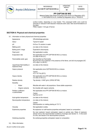 REFERENCE :
ALS GB PP CAPTAN 80 WG en
UPDATING
INDICE :
04
DATE :
13/10/2015
PP CAPTAN 80 WG
Material Safety Data Sheet according to the Annex II of Regulation (EC)
n°1907/2006 R.E.A.Ch, modified by Regulation (EU) n° 453/2010
(#) point modified at last update
Page 6 / 14
surface bodies, depending on crop treated. This unsprayed buffer zone could be
removed or reduced if drift reduction measures were used. See recommendations on
the label.
PNEC Captan = 9.8 µg/L (France)
SECTION 9: Physical and chemical properties
9.1. Information on basic physical and chemical properties
Appearance Off-white/beige granules
Odour Typical of captan
pH 8.45 as 1% solution in water
Melting point (no data on the mixture)
Boiling point / range Expected to decompose.
Flash point Not applicable to solids.
Evaporation rate Not applicable since PP CAPTAN 80 WG is a mixture.
(no data on the a.s.)
Flammability (solid, gas) Not classified as Flammable.
Burning was only sustained in the presence of the flame, and did not propagate (EC
A10, equiv. to UN N1).
Upper/lower flammability or
explosive limits
(no data on the mixture)
Vapour pressure Not applicable since CAPTAN 80 WG is a mixture.
Captan
4.2 x 10-6
Pa (20°C)
Vapour density Not applicable since PP CAPTAN 80 WG is a mixture.
(no data on the a.s.)
Relative density Tap density = 0.667 g/mL (CIPAC MT169)
Solubility
- Water
- Organic solvents
Miscible with water in all proportions. Gives stable suspension.
No miscible with organic solvents.
Partition coefficient
n-octanol/water
Not applicable since PP CAPTAN 80 WG is a mixture.
Captan
log Kow ca 2.6
Auto-ignition temperature (no data on the mixture)
Decomposition temperature (no data on the mixture)
Captan
Decomposition on melting starting at 173 °C
Viscosity Not applicable to solids.
Explosives properties No explosive nor self-reactive properties anticipated, based on composition.
No dust explosion hazard anticipated, based on particle size. Risks of explosion
almost none in the recommended conditions of storage (see Section 7). In the event
of a fire, see Section 5 for decomposition products.
Oxidising properties No oxidising properties anticipated, based on composition.
9.2. Other information
 
