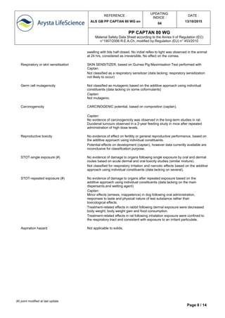 REFERENCE :
ALS GB PP CAPTAN 80 WG en
UPDATING
INDICE :
04
DATE :
13/10/2015
PP CAPTAN 80 WG
Material Safety Data Sheet according to the Annex II of Regulation (EC)
n°1907/2006 R.E.A.Ch, modified by Regulation (EU) n° 453/2010
(#) point modified at last update
Page 8 / 14
swelling with lids half closed. No iridial reflex to light was observed in the animal
at 24 hrs, considered as irreversible. No effect on the cornea.
Respiratory or skin sensitisation SKIN SENSITIZER, based on Guinea Pig Maximisation Test performed with
Captan.
Not classified as a respiratory sensitizer (data lacking; respiratory sensitization
not likely to occur)
Germ cell mutagenicity Not classified as mutagenic based on the additive approach using individual
constituents (data lacking on some coformulants)
Captan:
Not mutagenic.
Carcinogenicity CARCINOGENIC potential, based on composition (captan).
Captan:
No evidence of carcinogenicity was observed in the long-term studies in rat.
Duodenal tumours observed in a 2-year feeding study in mice after repeated
administration of high dose levels.
Reproductive toxicity No evidence of effect on fertility or general reproductive performance, based on
the additive approach using individual constituents.
Potential effects on development (captan), however data currently available are
inconclusive for classification purpose.
STOT-single exposure (#) No evidence of damage to organs following single exposure by oral and dermal
routes based on acute dermal and oral toxicity studies (similar mixture).
Not classified for respiratory irritation and narcotic effects based on the additive
approach using individual constituents (data lacking on several).
STOT-repeated exposure (#) No evidence of damage to organs after repeated exposure based on the
additive approach using individual constituents (data lacking on the main
dispersants,and wetting agent)
Captan:
Minor effects (emesis, inappetence) in dog following oral administration,
responses to taste and physical nature of test substance rather than
toxicological effects.
Treatment-related effects in rabbit following dermal exposure were decreased
body weight, body weight gain and food consumption.
Treatment-related effects in rat following inhalation exposure were confined to
the respiratory tract and consistent with exposure to an irritant particulate.
Aspiration hazard Not applicable to solids.
 