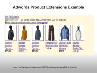 Adwords Product Extensions Example 
Image from http://adwords.blogspot.com/2009/11/product-extensions-available-to-all-us.html 
 