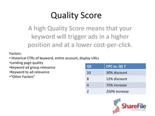Quality Score A high Quality Score means that your keyword will trigger ads in a higher position and at a lower cost-per-click. Factors: ,[object Object]