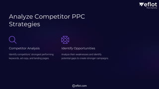 Analyze Competitor PPC
Strategies
Competitor Analysis
Identify competitors' strongest performing
keywords, ad copy, and landing pages.
Identify Opportunities
Analyze their weaknesses and identify
potential gaps to create stronger campaigns.
eflot.com
 