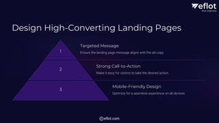 Design High-Converting Landing Pages
1
Targeted Message
Ensure the landing page message aligns with the ad copy.
2
Strong Call-to-Action
Make it easy for visitors to take the desired action.
3
Mobile-Friendly Design
Optimize for a seamless experience on all devices.
eflot.com
 