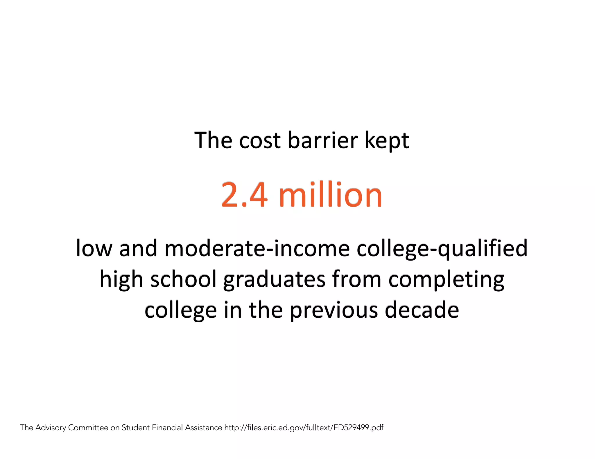 The Advisory Committee on Student Financial Assistance http://files.eric.ed.gov/fulltext/ED529499.pdf
The cost barrier kept
2.4 million
low and moderate-income college-qualified
high school graduates from completing
college in the previous decade
 