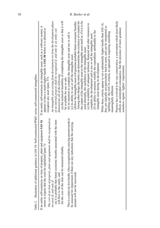 Table
2.
Illustration
of
additional
guidance
in
IAS
38:
Self-constructed
PP&E
versus
self-constructed
intangibles.
If
an
entity
self-constructs
an
item
of
property,
plant
and
equipment
IAS
16
seems
to
require
that
the
costs
be
capitalised
(para
7):
The
cost
of
an
item
of
property,
plant
and
equipment
shall
be
recognised
as
an
asset
if,
and
only
if:
(a)
it
is
probable
that
future
economic
beneﬁts
associated
with
the
item
will
ﬂow
to
the
entity;
and
(b)
the
cost
of
the
item
can
be
measured
reliably.
This
is
a
relatively
low
hurdle.
Once
recognised
the
carrying
amount
needs
to
be
assessed
for
impairment
if
there
are
any
indications
that
the
carrying
amount
will
not
be
recovered.
If
an
entity
self-constructs
an
intangible
asset,
such
as
a
software
system,
it
appears
to
have
a
much
higher
hurdle
in
IAS
38
before
it
is
allowed
to
recognise
any
asset
(para.
57):
An
intangible
asset
arising
from
development
(or
from
the
development
phase
of
an
internal
project)
shall
be
recognised
if,
and
only
if,
an
entity
can
demonstrate
all
of
the
following:
(a)
the
technical
feasibility
of
completing
the
intangible
asset
so
that
it
will
be
available
for
use
or
sale.
(b)
its
intention
to
complete
the
intangible
asset
and
use
or
sell
it.
(c)
its
ability
to
use
or
sell
the
intangible
asset.
(d)
how
the
intangible
asset
will
generate
probable
future
economic
beneﬁts.
Among
other
things,
the
entity
can
demonstrate
the
existence
of
a
market
for
the
output
of
the
intangible
asset
or
the
intangible
asset
itself
or,
if
it
is
to
be
used
internally,
the
usefulness
of
the
intangible
asset.
(e)
the
availability
of
adequate
technical,
ﬁnancial
and
other
resources
to
complete
the
development
and
to
use
or
sell
the
intangible
asset.
(f)
its
ability
to
measure
reliably
the
expenditure
attributable
to
the
intangible
asset
during
its
development.
While
these
criteria
appear
to
set
a
substantially
higher
hurdle
than
IAS
16,
they
are
typically
not
particularly
hard
to
meet,
and
can
be
interpreted
as
‘spelling
out’
the
IAS
16
criteria,
as
opposed
to
requiring
something
meaningfully
different.
Practice
has
evolved
to
be
very
conservative,
a
convention
which
most
likely
reﬂects
an
unintended
consequence,
that
the
presence
of
more
guidance
somehow
signals
‘tighter’
requirements.
18 R. Barker et al.
 