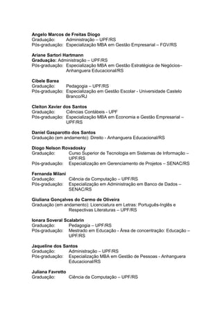 Angelo Marcos de Freitas Diogo
Graduação: Administração – UPF/RS
Pós-graduação: Especialização MBA em Gestão Empresarial – FGV/RS
Ariane Sartori Hartmann
Graduação: Administração – UPF/RS
Pós-graduação: Especialização MBA em Gestão Estratégica de Negócios–
Anhanguera Educacional/RS
Cibele Barea
Graduação: Pedagogia – UPF/RS
Pós-graduação: Especialização em Gestão Escolar - Universidade Castelo
Branco/RJ
Cleiton Xavier dos Santos
Graduação: Ciências Contábeis - UPF
Pós-graduação: Especialização MBA em Economia e Gestão Empresarial –
UPF/RS
Daniel Gasparotto dos Santos
Graduação (em andamento): Direito - Anhanguera Educacional/RS
Diogo Nelson Rovadosky
Graduação: Curso Superior de Tecnologia em Sistemas de Informação –
UPF/RS
Pós-graduação: Especialização em Gerenciamento de Projetos – SENAC/RS
Fernanda Milani
Graduação: Ciência da Computação – UPF/RS
Pós-graduação: Especialização em Administração em Banco de Dados –
SENAC/RS
Giuliana Gonçalves do Carmo de Oliveira
Graduação (em andamento): Licenciatura em Letras: Português-Inglês e
Respectivas Literaturas – UPF/RS
Ionara Soveral Scalabrin
Graduação: Pedagogia – UPF/RS
Pós-graduação: Mestrado em Educação - Área de concentração: Educação –
UPF/RS
Jaqueline dos Santos
Graduação: Administração – UPF/RS
Pós-graduação: Especialização MBA em Gestão de Pessoas - Anhanguera
Educacional/RS
Juliana Favretto
Graduação: Ciência da Computação – UPF/RS
 