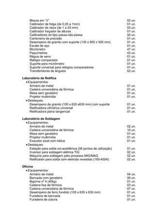 Blocos em “V” 02 un.
Calibrador de folga (de 0,05 a 1mm) 01 un.
Calibrador de raios (de 1 a 25 mm) 03 un.
Calibrador traçador de alturas 01 un.
Calibradores do tipo passa-não-passa 50 un.
Cantoneira de precisão 01 un.
Desempeno de granito com suporte (130 x 800 x 500 mm) 01 un.
Escala de aço 01 un.
Micrômetro 47 un.
Paquímetros 43 un.
Régua de seno 01 un.
Relógio comparador 01 un.
Suporte para micrômetro 01 un.
Suporte universal para relógios comparadores 01 un.
Transferidores de ângulos 02 un.
Laboratório de Retífica
•Equipamentos:
Armário de metal 01 un.
Cadeira universitária de fórmica 01 un.
Mesa sem gaveteiro 01 un.
Projetor multimídia 01 un.
•Destaques:
Desempeno de granito (100 x 630 x630 mm) com suporte 01 un.
Retificadora cilíndrica universal 01 un.
Retificadora plana tangencial 01 un.
Laboratório de Soldagem
•Equipamentos:
Armário de metal 02 un.
Cadeira universitária de fórmica 10 un.
Mesa sem gaveteiro 01 un.
Projetor multimídia 01 un.
Exaustor axial com hélice 01 un.
•Destaques:
Estação para solda oxi-acetilênica (06 pontos de utilização) 01 un.
Inversor para soldagem elétrica TIG 02 un.
Máquina para soldagem pelo processo MIG/MAG 02 un.
Retificador para solda com eletrodo revestido (160-400A) 02 un.
Oficina
•Equipamentos:
Armário de metal 04 un.
Bancada com gaveteiro 06 un.
Bigorna nº 4 (40kg) 01 un.
Cadeira fixa de fórmica 03 un.
Cadeira universitária de fórmica 07 un.
Desempeno de ferro fundido (105 x 630 x 630 mm) 01 un.
Furadeira de bancada 01 un.
Furadeira de coluna 01 un.
 