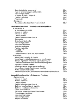Controlador lógico programável 02 un.
Jogo de ferramentas para o laboratório 01 un.
Mesa sem gaveteiro 01 un.
Multiteste digital - 3 ½ dígitos 04 un.
Projetor multimídia 01 un.
Tela retrátil 01 un.
•Destaques:
Bancada didática de eletrotécnica industrial 02 un.
Laboratório de Ensaios Tecnológicos e Metalograficos
•Equipamentos:
Ar condicionado tipo Split 01 un.
Armário de madeira 01 un.
Armário de metal 02 un.
Cadeira giratória 01 un.
Cadeira universitária de fórmica 17 un.
Computador 01 un.
Estabilizador de tensão 01 un.
Mesa com gaveteiro 01 un.
Mesa para impressora 01 un.
Mesa sem gaveteiro 01 un.
Projetor multimídia 01 un.
Tela LCD 17” 01 un.
Tela retrátil 21 un.
Lixadeira manual com 4 vias de lixamento 04 un.
•Destaques:
Aparelho para ensaios de impacto 01 un.
Aparelho para medição de espessuras por ultrassom 01 un.
Câmera digital com sistema de captura de imagem 01 un.
Cortadora de amostras para laboratório metalográfico 01 un.
Durômetro Brinell e Rockwel 01 un.
Máquina universal para ensaios mecânicos 01 un.
Microscópio metalográfico trinocular invertido 01 un.
Politriz lixadeira motorizada 02 un.
Prensa hidráulica para embutimento de amostras metalográficas 01 un.
Laboratório de Fundição e Tratamentos Térmicos
•Equipamentos:
Armário de metal 02 un.
Balança eletrônica 01 un.
Cadeira giratória 01 un.
Cadeira universitária de fórmica 17 un.
Cadinhos para fundição de alumínio 10 un.
Cadinhos para tratamento térmico 02 un.
Caixas para moldação 03 un.
Dispositivo para ensaio de temperabilidade 01 un.
Exaustor axial com hélice 01 un.
Mesa para impressora 01 un.
Mesa sem gaveteiro 01 un.
Projetor multimídia 01 un.
 