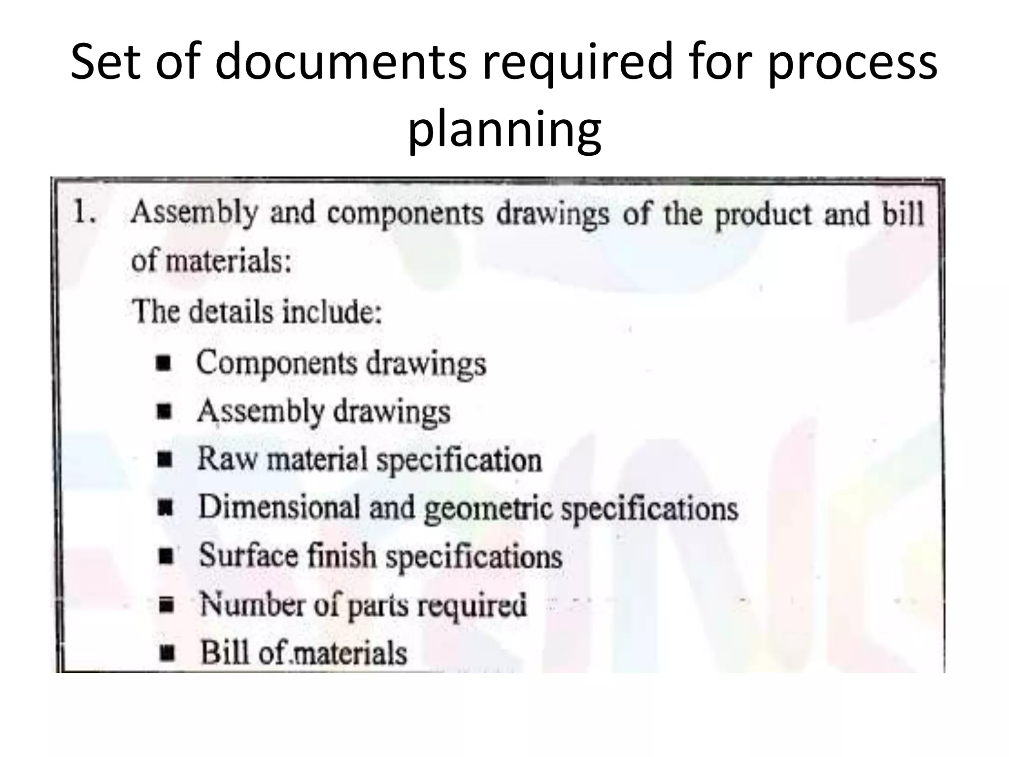 Set of documents required for process
planning
 