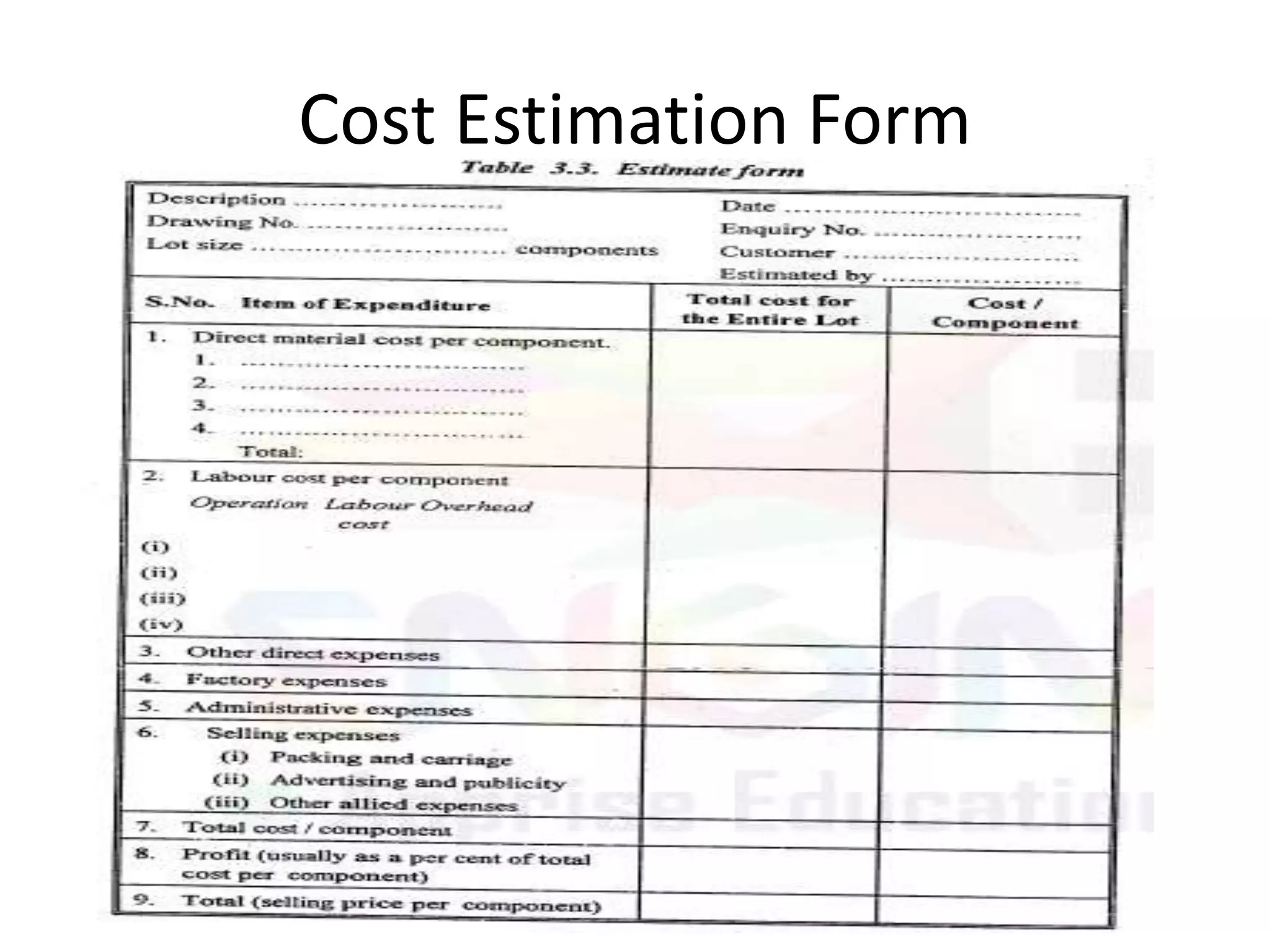 Cost Estimation Form
 