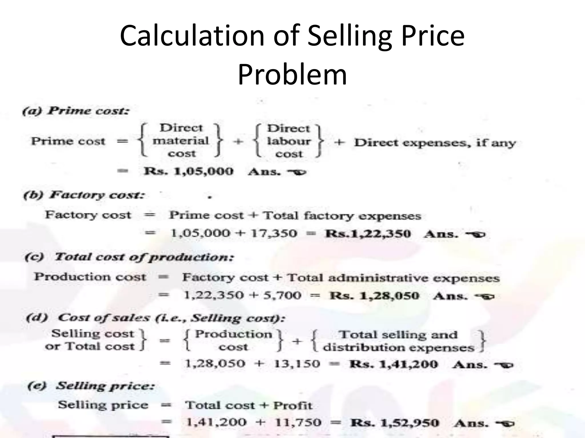 Calculation of Selling Price
Problem
 