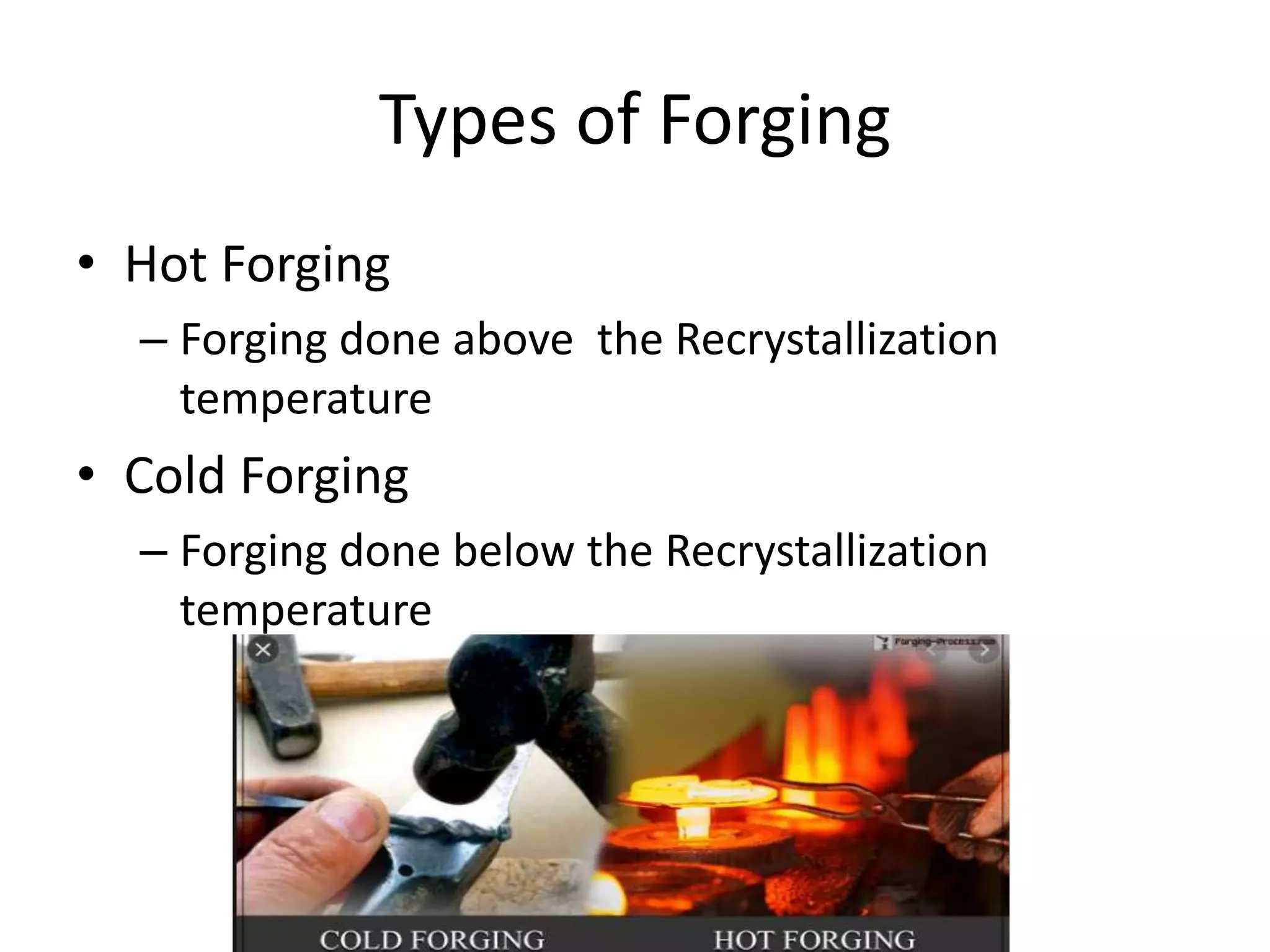 Types of Forging
• Hot Forging
– Forging done above the Recrystallization
temperature
• Cold Forging
– Forging done below the Recrystallization
temperature
 