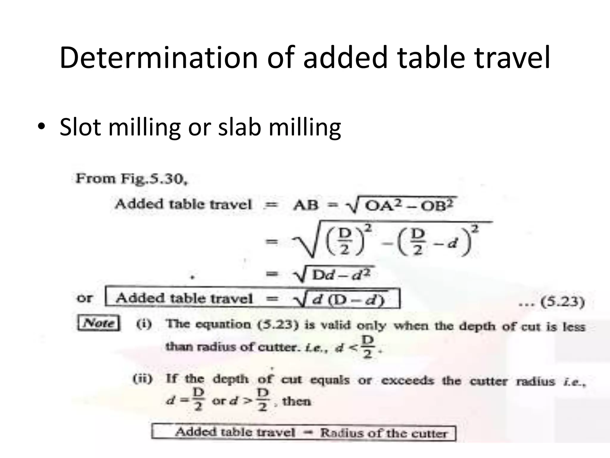 Determination of added table travel
• Slot milling or slab milling
 