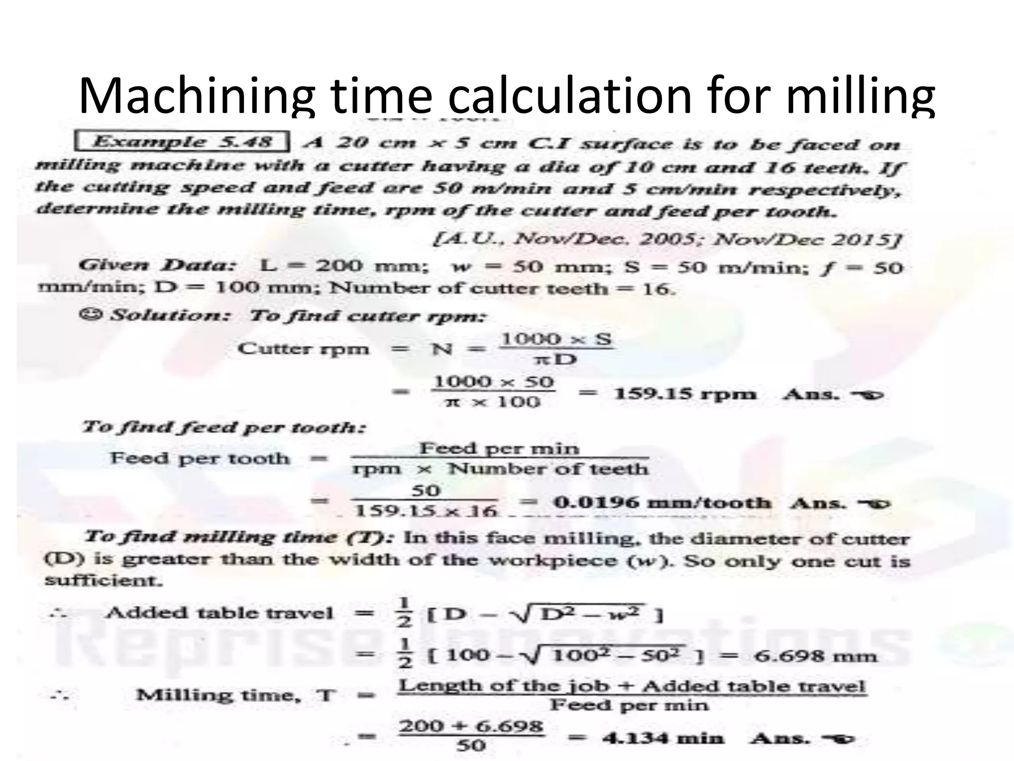 Machining time calculation for milling
 