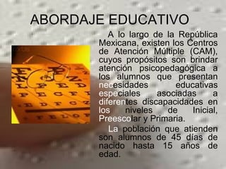 ABORDAJE EDUCATIVO A lo largo de la República Mexicana, existen los Centros de Atención Múltiple (CAM), cuyos propósitos son brindar atención psicopedagógica a los   alumnos que presentan  nec esidades educativas  espe ciales asociadas a  diferen tes discapacidades en  los  niveles de Inicial,  Preesco lar y Primaria.  La  población que atienden son alumnos de 45 días de nacido hasta 15 años de edad.  