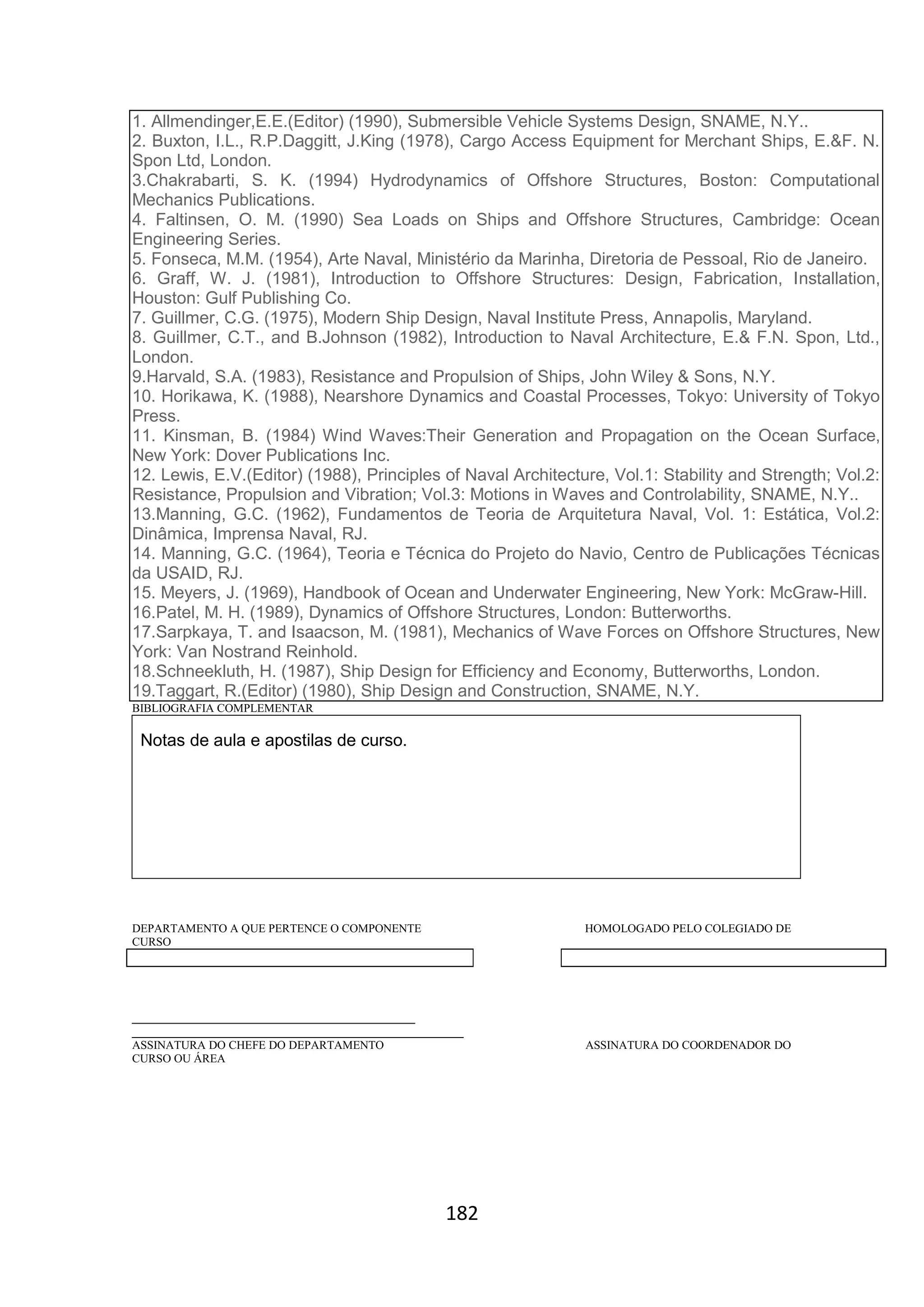182
1. Allmendinger,E.E.(Editor) (1990), Submersible Vehicle Systems Design, SNAME, N.Y..
2. Buxton, I.L., R.P.Daggitt, J.King (1978), Cargo Access Equipment for Merchant Ships, E.&F. N.
Spon Ltd, London.
3.Chakrabarti, S. K. (1994) Hydrodynamics of Offshore Structures, Boston: Computational
Mechanics Publications.
4. Faltinsen, O. M. (1990) Sea Loads on Ships and Offshore Structures, Cambridge: Ocean
Engineering Series.
5. Fonseca, M.M. (1954), Arte Naval, Ministério da Marinha, Diretoria de Pessoal, Rio de Janeiro.
6. Graff, W. J. (1981), Introduction to Offshore Structures: Design, Fabrication, Installation,
Houston: Gulf Publishing Co.
7. Guillmer, C.G. (1975), Modern Ship Design, Naval Institute Press, Annapolis, Maryland.
8. Guillmer, C.T., and B.Johnson (1982), Introduction to Naval Architecture, E.& F.N. Spon, Ltd.,
London.
9.Harvald, S.A. (1983), Resistance and Propulsion of Ships, John Wiley & Sons, N.Y.
10. Horikawa, K. (1988), Nearshore Dynamics and Coastal Processes, Tokyo: University of Tokyo
Press.
11. Kinsman, B. (1984) Wind Waves:Their Generation and Propagation on the Ocean Surface,
New York: Dover Publications Inc.
12. Lewis, E.V.(Editor) (1988), Principles of Naval Architecture, Vol.1: Stability and Strength; Vol.2:
Resistance, Propulsion and Vibration; Vol.3: Motions in Waves and Controlability, SNAME, N.Y..
13.Manning, G.C. (1962), Fundamentos de Teoria de Arquitetura Naval, Vol. 1: Estática, Vol.2:
Dinâmica, Imprensa Naval, RJ.
14. Manning, G.C. (1964), Teoria e Técnica do Projeto do Navio, Centro de Publicações Técnicas
da USAID, RJ.
15. Meyers, J. (1969), Handbook of Ocean and Underwater Engineering, New York: McGraw-Hill.
16.Patel, M. H. (1989), Dynamics of Offshore Structures, London: Butterworths.
17.Sarpkaya, T. and Isaacson, M. (1981), Mechanics of Wave Forces on Offshore Structures, New
York: Van Nostrand Reinhold.
18.Schneekluth, H. (1987), Ship Design for Efficiency and Economy, Butterworths, London.
19.Taggart, R.(Editor) (1980), Ship Design and Construction, SNAME, N.Y.
BIBLIOGRAFIA COMPLEMENTAR
Notas de aula e apostilas de curso.
DEPARTAMENTO A QUE PERTENCE O COMPONENTE HOMOLOGADO PELO COLEGIADO DE
CURSO
_________________________________________
________________________________________________
ASSINATURA DO CHEFE DO DEPARTAMENTO ASSINATURA DO COORDENADOR DO
CURSO OU ÁREA
 
