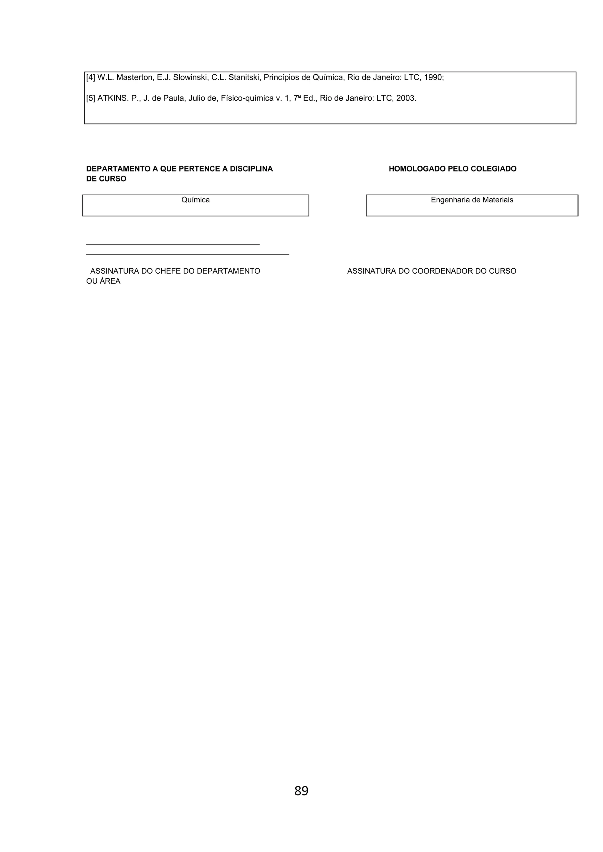 89
[4] W.L. Masterton, E.J. Slowinski, C.L. Stanitski, Princípios de Química, Rio de Janeiro: LTC, 1990;
[5] ATKINS. P., J. de Paula, Julio de, Físico-química v. 1, 7ª Ed., Rio de Janeiro: LTC, 2003.
DEPARTAMENTO A QUE PERTENCE A DISCIPLINA HOMOLOGADO PELO COLEGIADO
DE CURSO
Química Engenharia de Materiais
_________________________________________
________________________________________________
ASSINATURA DO CHEFE DO DEPARTAMENTO ASSINATURA DO COORDENADOR DO CURSO
OU ÁREA
 
