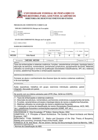 114
UNIVERSIDADE FEDERAL DE PERNAMBUCO
PRÓ-REITORIA PARA ASSUNTOS ACADÊMICOS
DIRETORIA DE DESENVOLVIMENTO DO ENSINO
PROGRAMA DE COMPONENTE CURRICULAR
TIPO DE COMPONENTE (Marque um X na opção)
x Disciplina Prática de Ensino
Atividade complementar Módulo
Monografia Trabalho de Graduação
STATUS DO COMPONENTE (Marque um X na opção)
x OBRIGATÓRIO ELETIVO OPTATIVO
DADOS DO COMPONENTE
Código Nome
Carga Horária Semanal
Nº. de Créditos C. H. Global Período
Teórica Prática
ME589 Arte Naval 4 0 4 60 4º
Pré-requisitos ME588, ME590 Co-Requisitos Requisitos C.H.
EMENTA
Tipos de embarcações e sistemas oceânicos, funções, características principais, topologia básica,
descrição da estrutura, nomenclatura, pormenores construtivos, equipamentos de bordo. Materiais
utilizados na construção e normas de qualificação (Sociedades Classificadoras, API, etc.) relativas
a navios, plataformas flutuantes e embarcações especiais.
OBJETIVO (S) DO COMPONENTE
Fornecer ao aluno o conhecimento dos diversos tipos de navios e sistemas oceânicos
e da sua topologia.
METODOLOGIA
Aulas expositivas; trabalhos em grupo; exercícios individuais; palestras; painel
integrado; discussão em painel.
AVALIAÇÃO
De acordo com os critérios adotados pela UFPE (Res. 04/94 do CCEPE)
CONTEÚDO PROGRAMÁTICO
1 - Tipos de embarcações e sistemas oceânicos.
2 - Descrição da estrutura, nomenclatura, pormenores construtivos e equipamentos de bordo.
3 - Funções, características principais e topologia básica de navios e plataformas flutuantes.
4 - Materiais utilizados na construção de navios e plataformas flutuantes.
5 – Introdução a normas de classificação de navios (Sociedades Classificadoras, IACS, IMO,
etc.), plataformas flutuantes e embarcações especiais (ASME, API, etc.).
BIBLIOGRAFIA BÁSICA
VAN DOKKUM, K. Ship Knowledge. 6th
Edition, Dokmar Books, 2004
COMSTOCK, J. P. Principles of Naval Architecture. The Society of Naval Architects and Marine
Engineers, 1967.
SEMYONOV- TYAN- SHANSKY, V. Statics and Dynamics of the Ship: Theory of Buoyancy,
Stability and Launching. University Press of the Pacific, 2004.
FONSECA, M. M. Arte Naval. Rio de Janeiro: Serviço de Documentação Geral da Marinha, 1989.
BIBLIOGRAFIA COMPLEMENTAR
Normas de Classificação da ABS
 