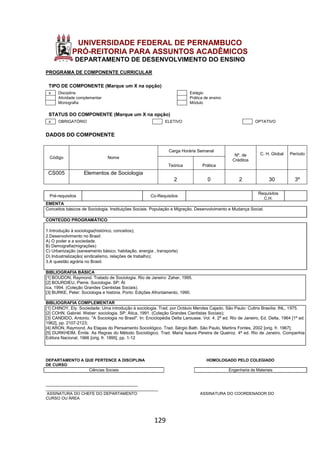 129
UNIVERSIDADE FEDERAL DE PERNAMBUCO
PRÓ-REITORIA PARA ASSUNTOS ACADÊMICOS
DEPARTAMENTO DE DESENVOLVIMENTO DO ENSINO
PROGRAMA DE COMPONENTE CURRICULAR
TIPO DE COMPONENTE (Marque um X na opção)
x Disciplina Estágio
Atividade complementar Prática de ensino
Monografia Módulo
STATUS DO COMPONENTE (Marque um X na opção)
x OBRIGATÓRIO ELETIVO OPTATIVO
DADOS DO COMPONENTE
Código Nome
Carga Horária Semanal
Nº. de
Créditos
C. H. Global Período
Teórica Prática
CS005 Elementos de Sociologia
2 0 2 30 3º
Pré-requisitos Co-Requisitos
Requisitos
C.H.
EMENTA
Conceitos básicos de Sociologia. Instituições Sociais. População e Migração. Desenvolvimento e Mudança Social.
CONTEÚDO PROGRAMÁTICO
1.Introdução à sociologia(histórico, conceitos);
2.Desenvolvimento no Brasil:
A) O poder e a sociedade.
B) Demografia(migrações)
C) Urbanização (saneamento básico, habitação, energia , transporte)
D) Industrialização( sindicalismo, relações de trabalho);
3.A questão agrária no Brasil.
BIBLIOGRAFIA BÁSICA
[1] BOUDON, Raymond. Tratado de Sociologia. Rio de Janeiro: Zahar, 1995.
[2] BOURDIEU, Pierre. Sociologia. SP: Át
ica, 1994. (Coleção Grandes Cientistas Sociais).
[3] BURKE, Peter. Sociologia e história. Porto: Edições Afrontamento, 1990.
BIBLIOGRAFIA COMPLEMENTAR
[1] CHINOY, Ely. Sociedade: Uma introdução à sociologia. Trad. por Octávio Mendes Cajado. São Paulo: Cultrix Brasília: INL, 1975.
[2] COHN, Gabriel. Weber: sociologia. SP: Ática, 1991. (Coleção Grandes Cientistas Sociais);
[3] CANDIDO, Antonio. "A Sociologia no Brasil". In: Enciclopédia Delta Larousse. Vol. 4. 2ª ed. Rio de Janeiro, Ed. Delta, 1964 [1ª ed.
1962], pp. 2107-2123;
[4] ARON, Raymond. As Etapas do Pensamento Sociológico. Trad. Sérgio Bath. São Paulo, Martins Fontes, 2002 [orig. fr. 1967];
[5] DURKHEIM, Émile. As Regras do Método Sociológico. Trad. Maria Isaura Pereira de Queiroz. 4ª ed. Rio de Janeiro, Companhia
Editora Nacional, 1966 [orig. fr. 1895], pp. 1-12
DEPARTAMENTO A QUE PERTENCE A DISCIPLINA HOMOLOGADO PELO COLEGIADO
DE CURSO
Ciências Sociais Engenharia de Materiais
_________________________________________
__________________________________________________
ASSINATURA DO CHEFE DO DEPARTAMENTO ASSINATURA DO COORDENADOR DO
CURSO OU ÁREA
 