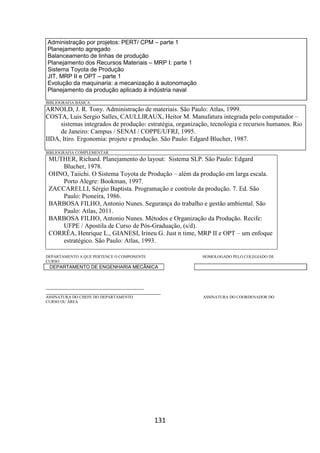 131
Administração por projetos: PERT/ CPM – parte 1
Planejamento agregado
Balanceamento de linhas de produção
Planejamento dos Recursos Materiais – MRP I: parte 1
Sistema Toyota de Produção
JIT, MRP II e OPT – parte 1
Evolução da maquinaria: a mecanização à autonomação
Planejamento da produção aplicado à indústria naval
BIBLIOGRAFIA BÁSICA
ARNOLD, J. R. Tony. Administração de materiais. São Paulo: Atlas, 1999.
COSTA, Luis Sergio Salles, CAULLIRAUX, Heitor M. Manufatura integrada pelo computador –
sistemas integrados de produção: estratégia, organização, tecnologia e recursos humanos. Rio
de Janeiro: Campus / SENAI / COPPE/UFRJ, 1995.
IIDA, Itiro. Ergonomia: projeto e produção. São Paulo: Edgard Blucher, 1987.
BIBLIOGRAFIA COMPLEMENTAR
MUTHER, Richard. Planejamento do layout: Sistema SLP. São Paulo: Edgard
Blucher, 1978.
OHNO, Taiichi. O Sistema Toyota de Produção – além da produção em larga escala.
Porto Alegre: Bookman, 1997.
ZACCARELLI, Sérgio Baptista. Programação e controle da produção. 7. Ed. São
Paulo: Pioneira, 1986.
BARBOSA FILHO, Antonio Nunes. Segurança do trabalho e gestão ambiental. São
Paulo: Atlas, 2011.
BARBOSA FILHO, Antonio Nunes. Métodos e Organização da Produção. Recife:
UFPE / Apostila de Curso de Pós-Graduação, (s/d).
CORRÊA, Henrique L., GIANESI, Irineu G. Just n time, MRP II e OPT – um enfoque
estratégico. São Paulo: Atlas, 1993.
DEPARTAMENTO A QUE PERTENCE O COMPONENTE HOMOLOGADO PELO COLEGIADO DE
CURSO
DEPARTAMENTO DE ENGENHARIA MECÂNICA
_________________________________________
________________________________________________
ASSINATURA DO CHEFE DO DEPARTAMENTO ASSINATURA DO COORDENADOR DO
CURSO OU ÁREA
 