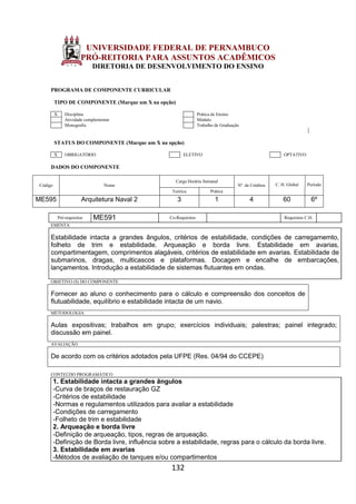 132
UNIVERSIDADE FEDERAL DE PERNAMBUCO
PRÓ-REITORIA PARA ASSUNTOS ACADÊMICOS
DIRETORIA DE DESENVOLVIMENTO DO ENSINO
PROGRAMA DE COMPONENTE CURRICULAR
TIPO DE COMPONENTE (Marque um X na opção)
X Disciplina Prática de Ensino
Atividade complementar Módulo
Monografia Trabalho de Graduação
STATUS DO COMPONENTE (Marque um X na opção)
X OBRIGATÓRIO ELETIVO OPTATIVO
DADOS DO COMPONENTE
Código Nome
Carga Horária Semanal
Nº. de Créditos C. H. Global Período
Teórica Prática
ME595 Arquitetura Naval 2 3 1 4 60 6º
Pré-requisitos ME591 Co-Requisitos Requisitos C.H.
EMENTA
Estabilidade intacta a grandes ângulos, critérios de estabilidade, condições de carregamemto,
folheto de trim e estabilidade. Arqueação e borda livre. Estabilidade em avarias,
compartimentagem, comprimentos alagáveis, critérios de estabilidade em avarias. Estabilidade de
submarinos, dragas, multicascos e plataformas. Docagem e encalhe de embarcações,
lançamentos. Introdução a estabilidade de sistemas flutuantes em ondas.
OBJETIVO (S) DO COMPONENTE
Fornecer ao aluno o conhecimento para o cálculo e compreensão dos conceitos de
flutuabilidade, equilíbrio e estabilidade intacta de um navio.
METODOLOGIA
Aulas expositivas; trabalhos em grupo; exercícios individuais; palestras; painel integrado;
discussão em painel.
AVALIAÇÃO
De acordo com os critérios adotados pela UFPE (Res. 04/94 do CCEPE)
CONTEÚDO PROGRAMÁTICO
1. Estabilidade intacta a grandes ângulos
-Curva de braços de restauração GZ
-Critérios de estabilidade
-Normas e regulamentos utilizados para avaliar a estabilidade
-Condições de carregamento
-Folheto de trim e estabilidade
2. Arqueação e borda livre
-Definição de arqueação, tipos, regras de arqueação.
-Definição de Borda livre, influência sobre a estabilidade, regras para o cálculo da borda livre.
3. Estabilidade em avarias
-Métodos de avaliação de tanques e/ou compartimentos
 