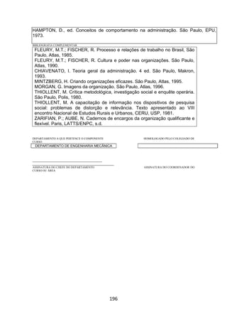 196
HAMPTON, D., ed. Conceitos de comportamento na administração. São Paulo, EPU,
1973.
BIBLIOGRAFIA COMPLEMENTAR
FLEURY, M.T.; FISCHER, R. Processo e relações de trabalho no Brasil, São
Paulo, Atlas, 1985.
FLEURY, M.T.; FISCHER, R. Cultura e poder nas organizações. São Paulo,
Atlas, 1990.
CHIAVENATO, I. Teoria geral da administração. 4 ed. São Paulo, Makron,
1993.
MINTZBERG, H. Criando organizações eficazes. São Paulo, Atlas, 1995.
MORGAN, G. Imagens da organização. São Paulo, Atlas, 1996.
THIOLLENT, M. Crítica metodológica, investigação social e enquête operária.
São Paulo, Polis, 1980.
THIOLLENT, M. A capacitação de informação nos dispositivos de pesquisa
social: problemas de distorção e relevância. Texto apresentado ao VIII
encontro Nacional de Estudos Rurais e Urbanos, CERU, USP, 1981.
ZARIFIAN, P.; AUBE, N. Cadernos de encargos da organização qualificante e
flexível. Paris, LATTS/ENPC, s.d.
DEPARTAMENTO A QUE PERTENCE O COMPONENTE HOMOLOGADO PELO COLEGIADO DE
CURSO
DEPARTAMENTO DE ENGENHARIA MECÂNICA
_________________________________________
________________________________________________
ASSINATURA DO CHEFE DO DEPARTAMENTO ASSINATURA DO COORDENADOR DO
CURSO OU ÁREA
 