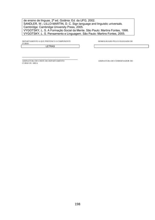 198
de ensino de línguas. 2ª ed. Goiânia: Ed. da UFG, 2002.
SANDLER, W.; LILLO-MARTIN, D. C. Sign language and linguistic universals.
Cambridge: Cambridge University Press, 2005.
VYGOTSKY, L. S. A Formação Social da Mente. São Paulo: Martins Fontes, 1998.
VYGOTSKY, L. S. Pensamento e Linguagem. São Paulo: Martins Fontes, 2005.
DEPARTAMENTO A QUE PERTENCE O COMPONENTE HOMOLOGADO PELO COLEGIADO DE
CURSO
LETRAS
_________________________________________
________________________________________________
ASSINATURA DO CHEFE DO DEPARTAMENTO ASSINATURA DO COORDENADOR DO
CURSO OU ÁREA
 