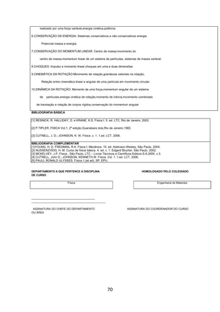 70
realizado por uma força variável,energia cinética,potência.
6.CONSERVAÇÃO DA ENERGIA: Sistemas conservativos e não-conservativos energia
Potencial massa e energia.
7.CONSERVAÇÃO DO MOMENTUM LINEAR: Centro de massa,movimento do
centro de massa,momentum linear de um sistema de partículas, sistemas de massa variável.
8.CHOQUES: Impulso e momento linear,choques em uma e duas dimensões
9.CINEMÁTICA DA ROTAÇÃO:Movimento de rotação,grandezas vetoriais na rotação,
Relação entre cinemática linear e angular de uma partícula em movimento circular.
10.DINÂMICA DA ROTAÇÃO: Momento de uma força,momentum angular de um sistema
de partículas,energia cinética de rotação,momento de inércia,movimento combinado
de translação e rotação de corpos rígidos,conservação do momentum angular
BIBLIOGRAFIA BÁSICA
[1] RESNICK, R. HALLIDAY, D. e KRANE, K.S. Física I. 5. ed. LTC. Rio de Janeiro, 2003.
[2] P.TIPLER ,FISICA Vol.1, 2ª edição,Guanabara dois,Rio de Janeiro,1982.
[3] CUTNELL, J. D.; JOHNSON, K. W. Física .v. 1. 1.ed. LCT, 2006.
BIBLIOGRAFIA COMPLEMENTAR
[1]YOUNG, H. D. FREDMAN, R.A. Física I: Mecânica. 10. ed. Addinson-Wesley, São Paulo. 2004;
[2] NUSSENZVEIG, H. M. Curso de física básica. 4. ed. v. 1. Edgard Blucher, São Paulo. 2002;
[3] MCKELVEY, J.P. Física , São Paulo, LTC – Livros Técnicos e Científicos Editora S.A,2000, v.3;
[4] CUTNELL, John D.; JOHNSON, KENNETH W. Física .Vol. 1. 1.ed. LCT, 2006;
[5] PAULI, RONALD ULYSSES. Física 1,(et ad). SP. EPU.
DEPARTAMENTO A QUE PERTENCE A DISCIPLINA HOMOLOGADO PELO COLEGIADO
DE CURSO
Física Engenharia de Materiais
_________________________________________
________________________________________________
ASSINATURA DO CHEFE DO DEPARTAMENTO ASSINATURA DO COORDENADOR DO CURSO
OU ÁREA
 