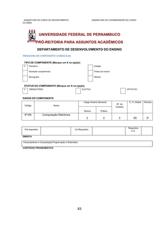 83
ASSINATURA DO CHEFE DO DEPARTAMENTO ASSINATURA DO COORDENADOR DO CURSO
OU ÁREA
UNIVERSIDADE FEDERAL DE PERNAMBUCO
PRÓ-REITORIA PARA ASSUNTOS ACADÊMICOS
DEPARTAMENTO DE DESENVOLVIMENTO DO ENSINO
PROGRAMA DE COMPONENTE CURRICULAR
TIPO DE COMPONENTE (Marque um X na opção)
x Disciplina Estágio
Atividade complementar Prática de ensino
Monografia Módulo
STATUS DO COMPONENTE (Marque um X na opção)
x OBRIGATÓRIO ELETIVO OPTATIVO
DADOS DO COMPONENTE
Código Nome
Carga Horária Semanal
Nº. de
Créditos
C. H. Global Período
Teórica Prática
IF165 Computação Eletrônica
2 2 3 60 2º
Pré-requisitos Co-Requisitos
Requisitos
C.H.
EMENTA
Computadores e Computação;Programação e Extensões.
CONTEÚDO PROGRAMÁTICO
 