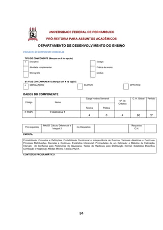 94
UNIVERSIDADE FEDERAL DE PERNAMBUCO
PRÓ-REITORIA PARA ASSUNTOS ACADÊMICOS
DEPARTAMENTO DE DESENVOLVIMENTO DO ENSINO
PROGRAMA DE COMPONENTE CURRICULAR
TIPO DE COMPONENTE (Marque um X na opção)
x Disciplina Estágio
Atividade complementar Prática de ensino
Monografia Módulo
STATUS DO COMPONENTE (Marque um X na opção)
x OBRIGATÓRIO ELETIVO OPTATIVO
DADOS DO COMPONENTE
Código Nome
Carga Horária Semanal
Nº. de
Créditos
C. H. Global Período
Teórica Prática
ET625 Estatística 1
4 0 4 60 3º
Pré-requisitos
MA027 Cálculo Diferencial e
Integral 2
Co-Requisitos
Requisitos
C.H.
EMENTA
Probabilidade: Conceitos e Definições. Probabilidade Condicional e Independência de Eventos, Variáveis Aleatórias e Contínuas.
Principais Distribuições Discretas e Contínuas. Estatística Inferencial. Propriedades de um Estimador e Métodos de Estimação.
Intervalo de Confiança para Parâmetros de Gaussiana. Testes de Hipóteses para Distribuição Normal. Estatística Descritiva.
Correlação e Regressão. Médias Móveis. Tabela ANOVA.
CONTEÚDO PROGRAMÁTICO
 