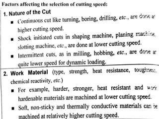 Factors affecting the selection of cutting speed:
 