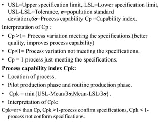 • USL=Upper specification limit, LSL=Lower specification limit,
USL-LSL=Tolerance, σ=population standard
deviation,6σ=Process capability Cp =Capability index.
Interpretation of Cp :
• Cp >1= Process variation meeting the specifications.(better
quality, improves process capability)
• Cp˂1= Process variation not meeting the specifications.
• Cp = 1 process just meeting the specifications.
Process capability index Cpk:
• Location of process.
• Pilot production phase and routine production phase.
• Cpk = min{USL-Mean/3σ,Mean-LSL/3σ}.
• Interpretation of Cpk:
Cpk=or˂ than Cp, Cpk >1-process confirm specifications, Cpk ˂ 1-
process not conform specifications.
 