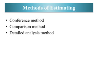 Methods of Estimating
• Conference method
• Comparison method
• Detailed analysis method
 