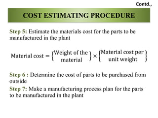 Step 5: Estimate the materials cost for the parts to be
manufactured in the plant
Material cost =
Weight of the
material
×
Material cost per
unit weight
Step 6 : Determine the cost of parts to be purchased from
outside
Step 7: Make a manufacturing process plan for the parts
to be manufactured in the plant
COST ESTIMATING PROCEDURE
Contd.,
 