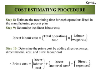 Step 8: Estimate the machining time for each operations listed in
the manufacturing process plan
Step 9: Determine the direct labour cost
Direct labour cost =
Total operation
time
×
Labour
wage rate
Step 10: Determine the prime cost by adding direct expenses,
direct material cost, and direct labour cost
∴ Prime cost =
Direct
labour
cost
+
Direct
material cost
+
Direct
expenses
COST ESTIMATING PROCEDURE
Contd.,
 