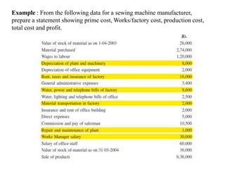 Example : From the following data for a sewing machine manufacturer,
prepare a statement showing prime cost, Works/factory cost, production cost,
total cost and profit.
 