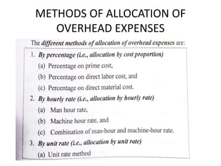 METHODS OF ALLOCATION OF
OVERHEAD EXPENSES
 