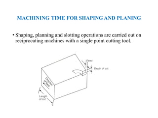 MACHINING TIME FOR SHAPING AND PLANING
• Shaping, planning and slotting operations are carried out on
reciprocating machines with a single point cutting tool.
 